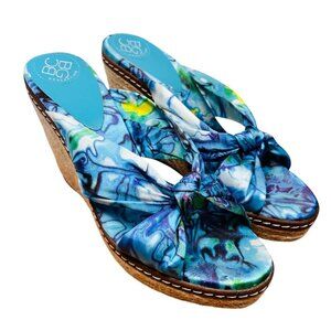 BCBG Size 8.5 Floral Satin Wedge Espadrille Sandal Jute Peep Toe Brunch Coastal